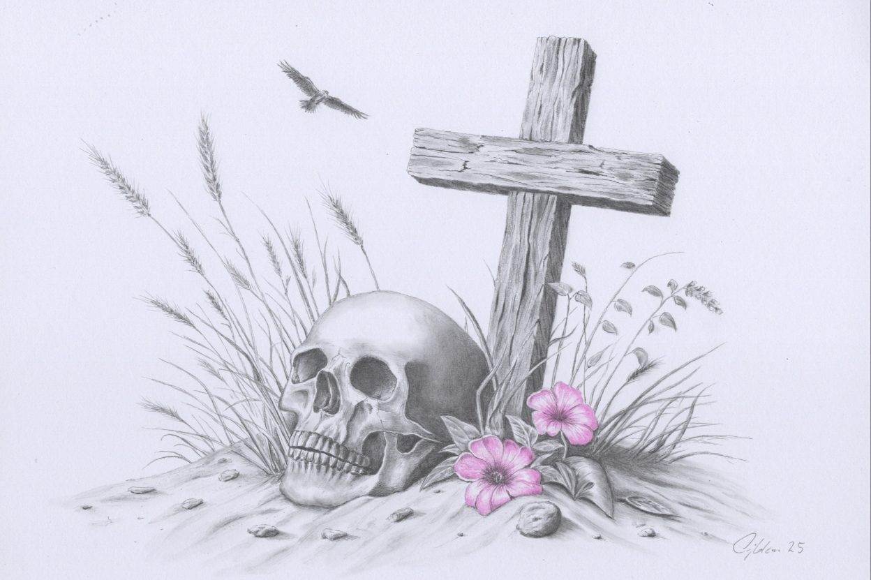 Vergänglichkeit wunderschöne Zeichnung von einem alten Grab, einem Schädel, Blumen und einem alten Holzkreuz