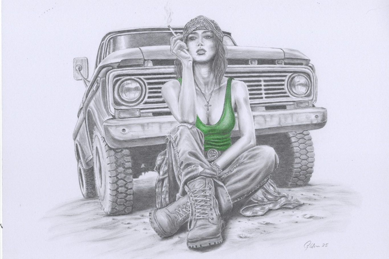 freier Geist Bleistiftzeichnung von einer Frau, die vor ihrem Pickup sitzt und eine Zigarette raucht