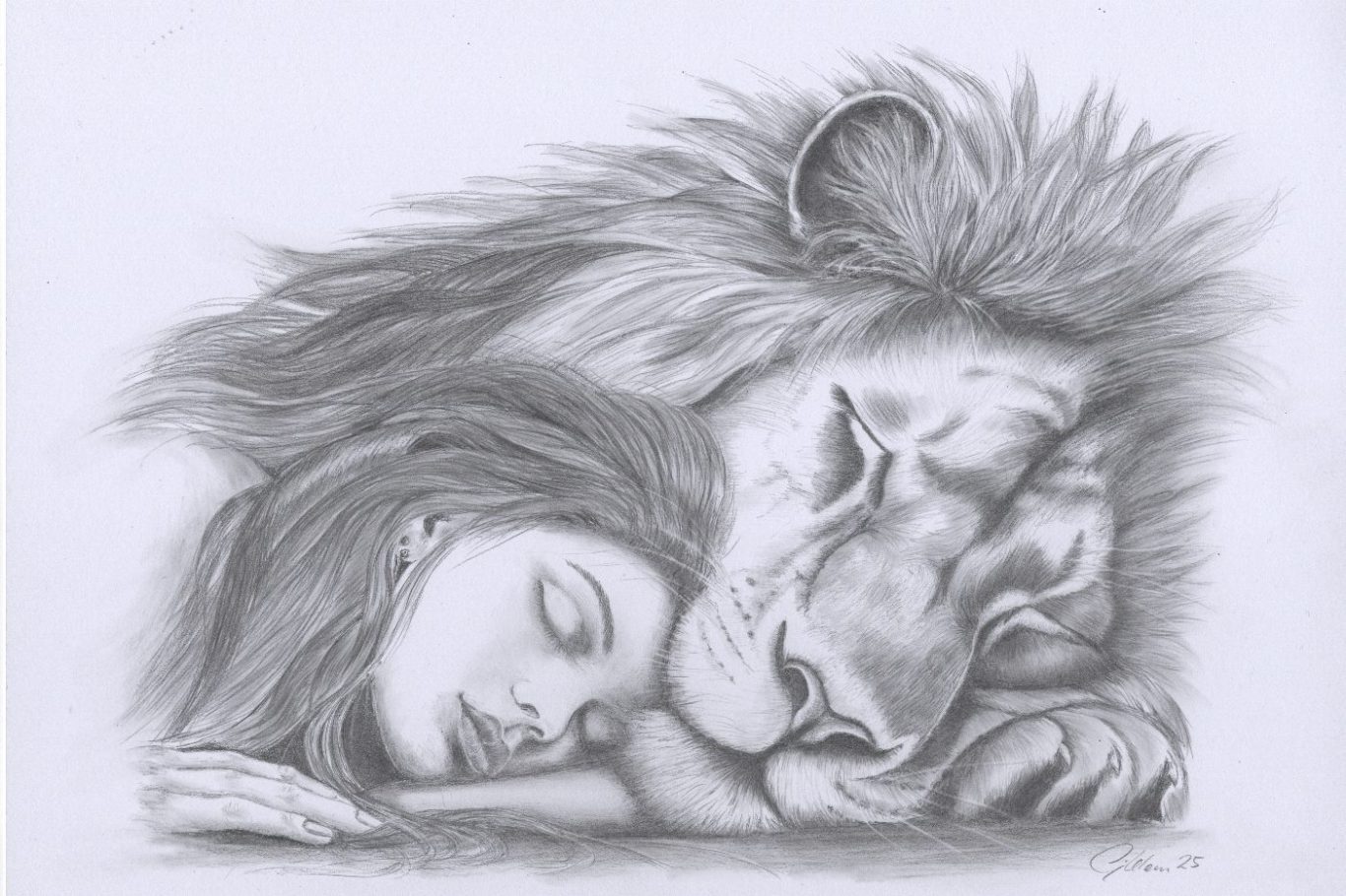 gefährliche Liebe weiche, wundervolle Zeichnung von einer schlafenden jungen Frau und einem Löwen