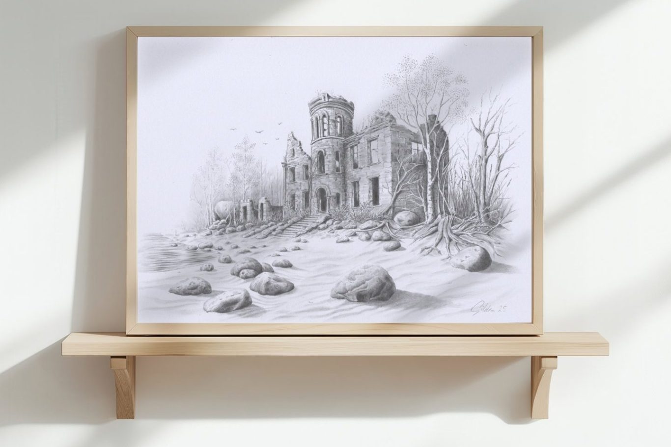 Bleistiftzeichnung von einer verfallenen Villa am Strand