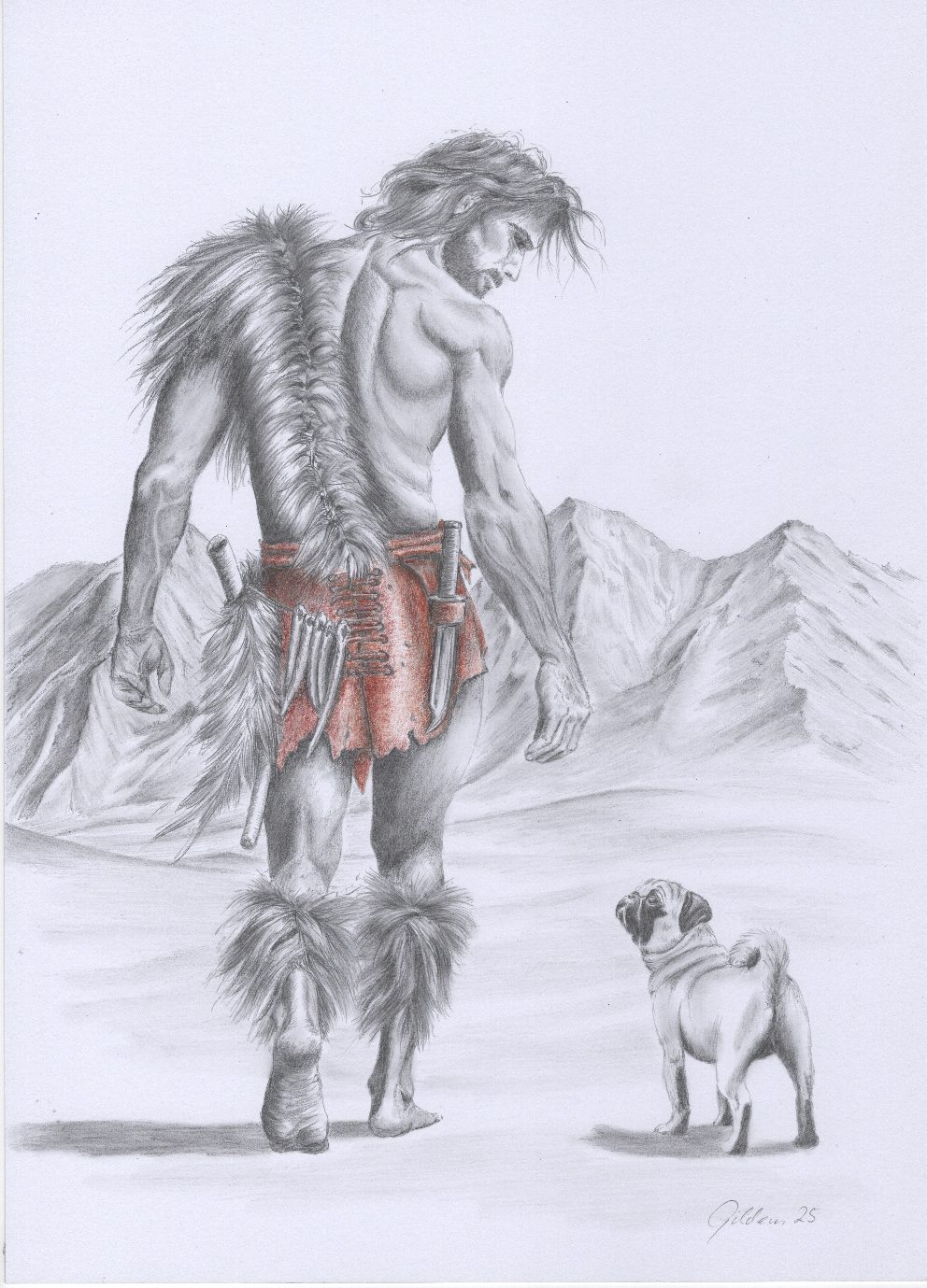 der kleine Schatten eine fantasievolle Zeichnung von einem Mann aus der Frühzeit mit seinem Hund