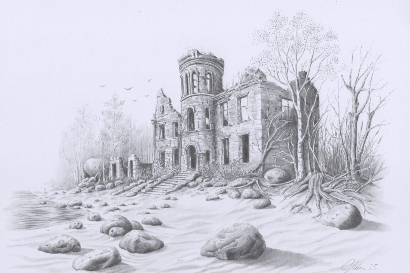 das Strandhaus Bleistiftkunst,eine realistische Zeichnung von einer Ruine am Strand