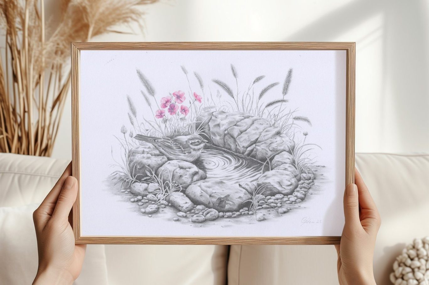 eine Bleistiftzeichnung von einem Vogel an eine Pfütze