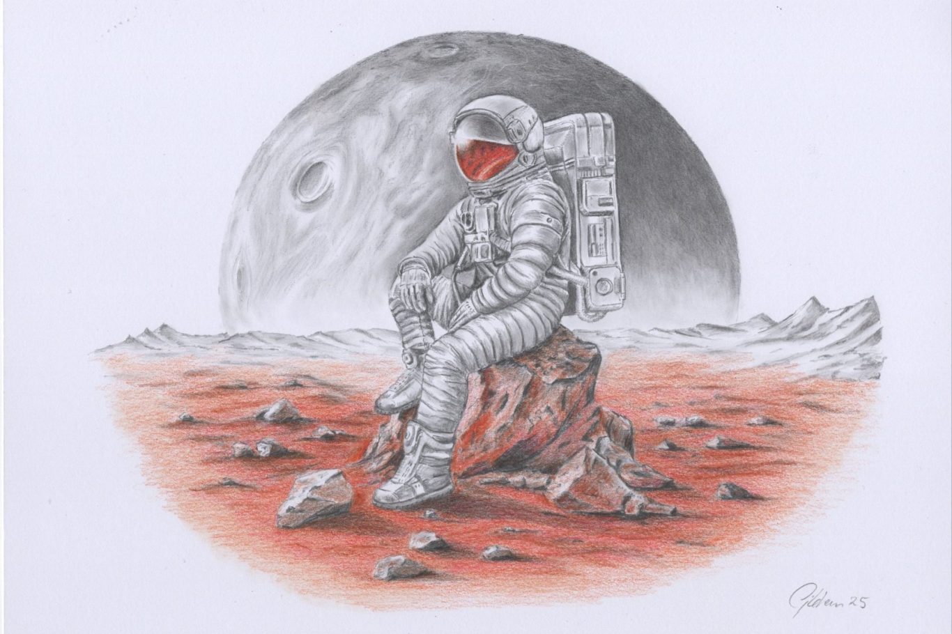 weit entfernt fantasievolle Bleistiftzeichnung von einem sitzenden Astronauten auf einem fremden planet